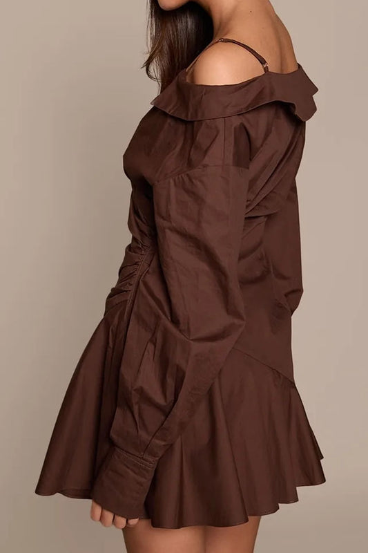 Off Shoulder Ruched Asymmetric Ruffle Mini Dress