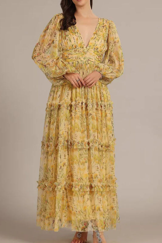 Floral Chiffon Balloon Sleeve Tiered Maxi Dress