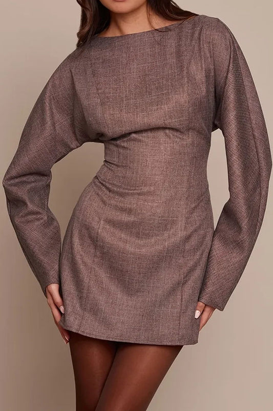 Boat Neck Draped Long Sleeve Mini Dress