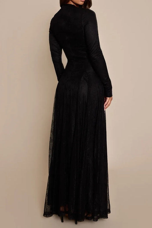 High Neck Sheer Overlay Pleated Maxi Dress