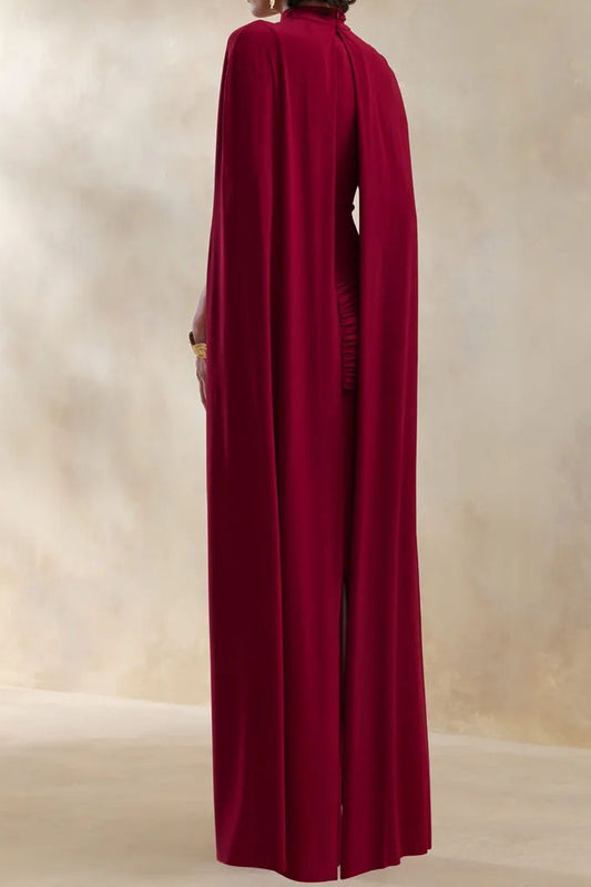 High Neck Draped Cape Sleeve Maxi Gown