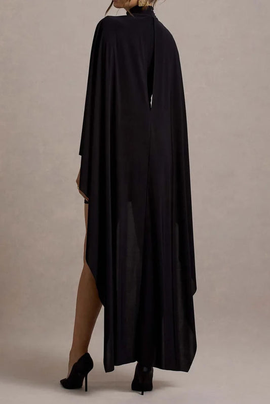 High Neck Asymmetric Cape Train Mini Dress
