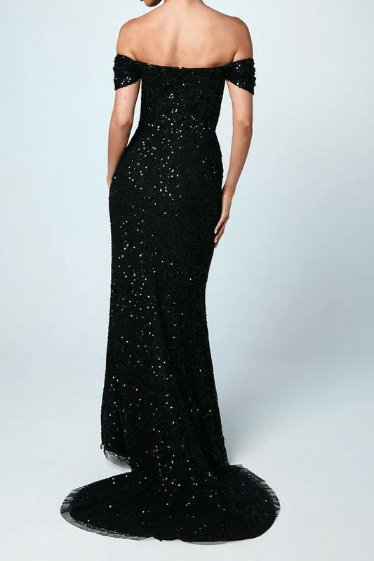 Off Shoulder Sequin Slit Evening Dress