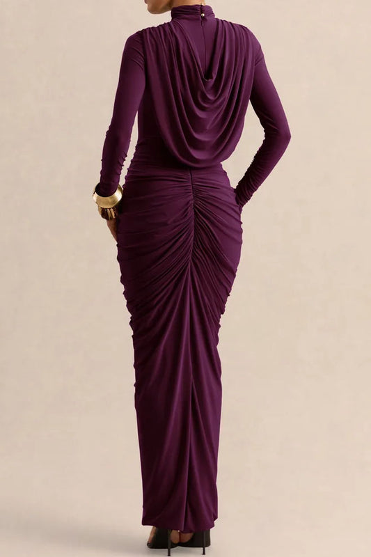 Mock Neck Ruched Slim Maxi Dress