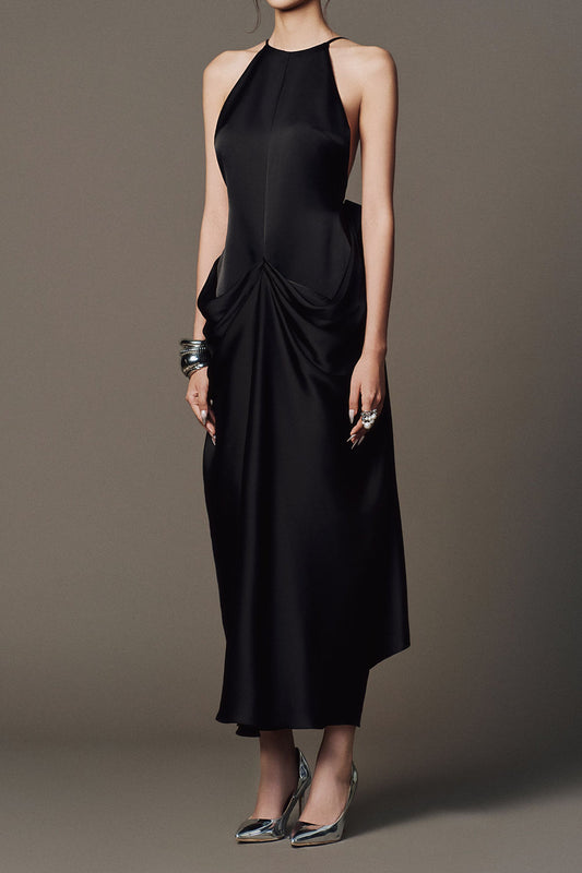Halter Neck Draped Pocket Satin Midi Dress