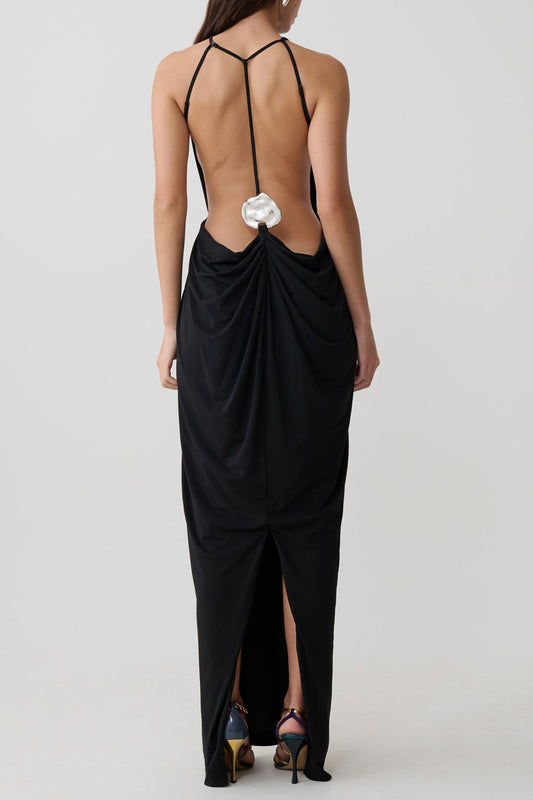 High Neck Low Back Draped Maxi Dress
