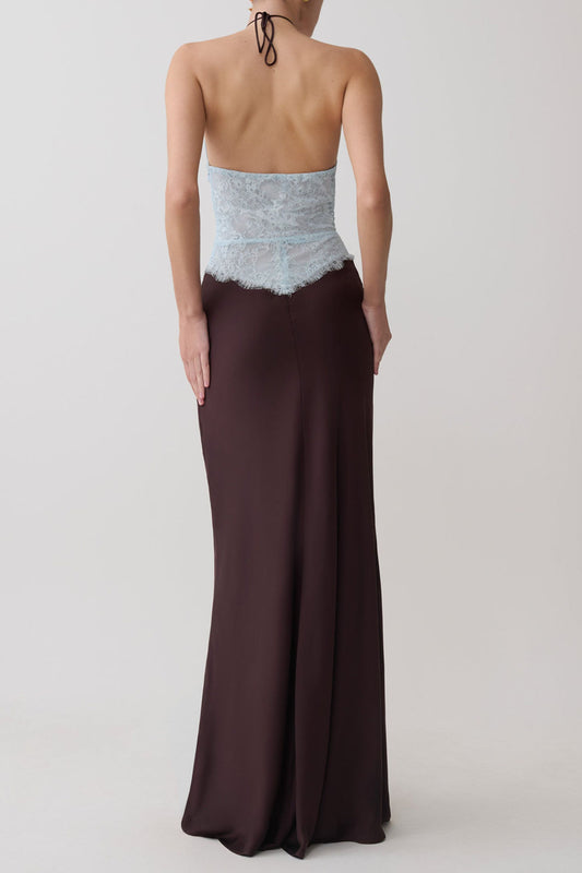 Lace Halter Keyhole Satin Maxi Dress