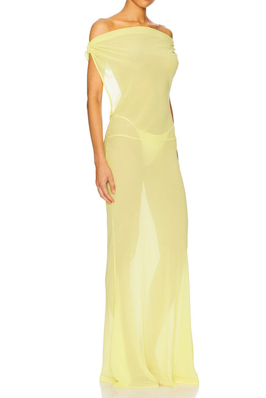 Off Shoulder Draped Sheer Maxi Dress