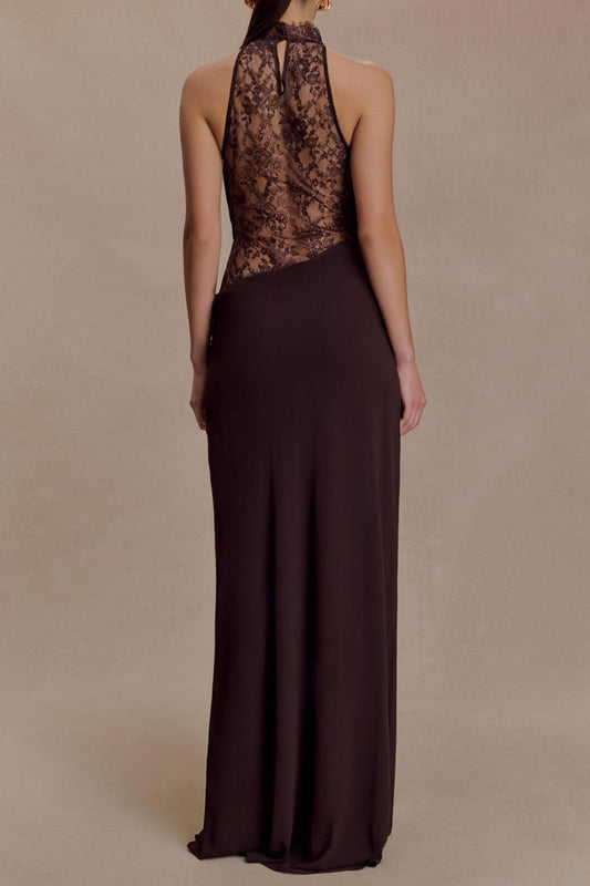 Lace Panel Draped Halter Maxi Dress