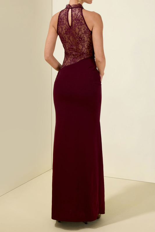Lace Panel Draped Halter Maxi Dress