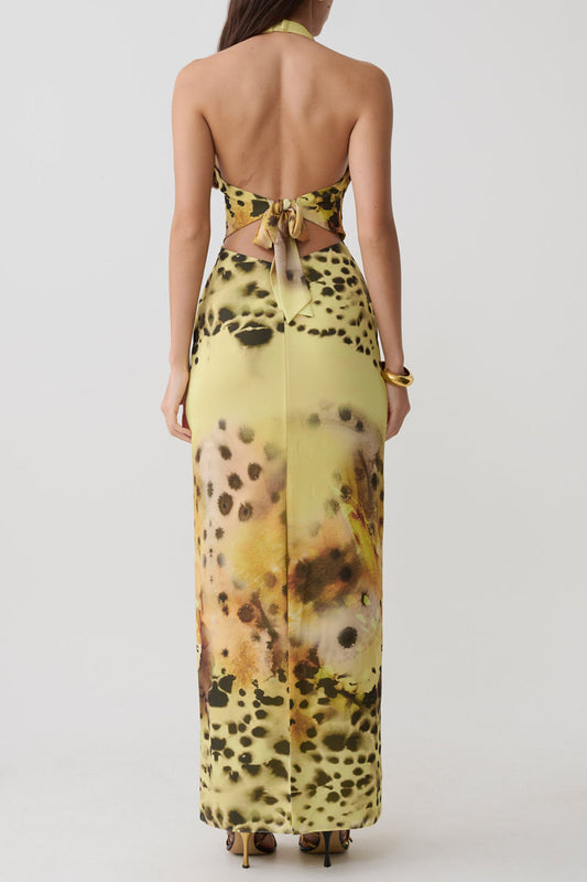 Floral Leopard Chiffon Halter Maxi Dress