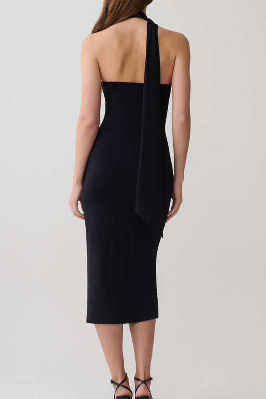 Asymmetric Scarf Neck Fitted Midi Dress