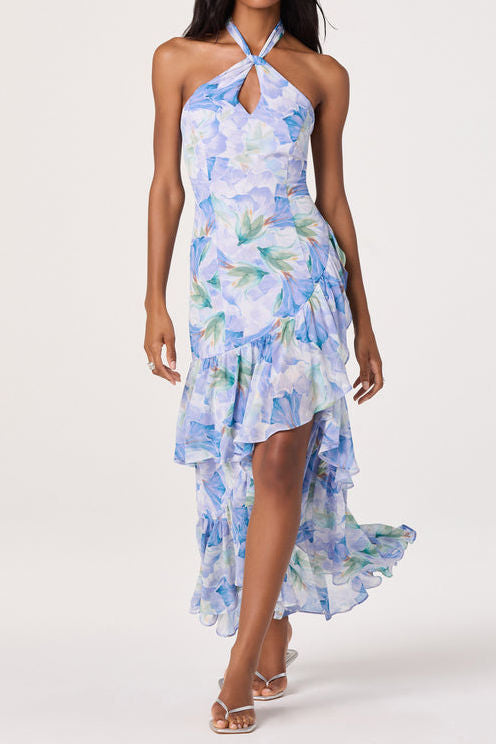 Floral Halter Ruffle High-Low Maxi Dress