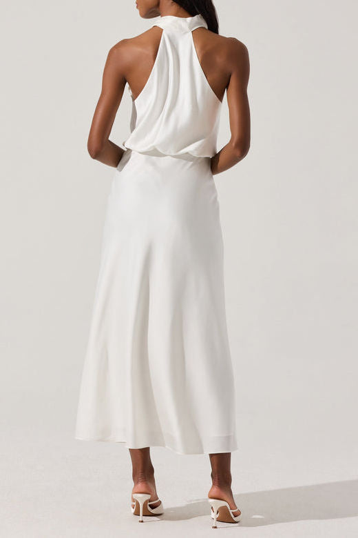 High Neck Draped Satin Slit Midi Dress