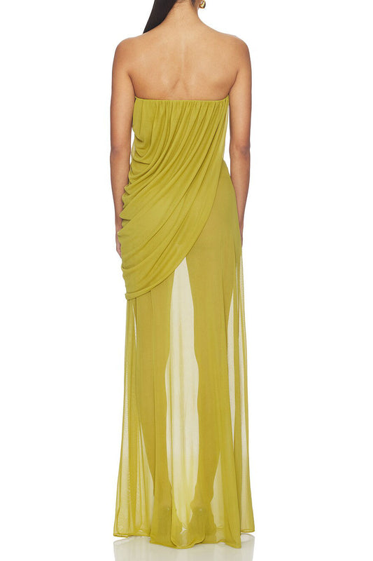 Strapless Draped Sheer Panel Maxi Gown
