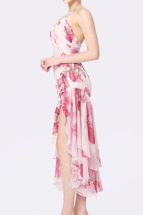 Floral Halter Ruffle High-Low Midi Dress