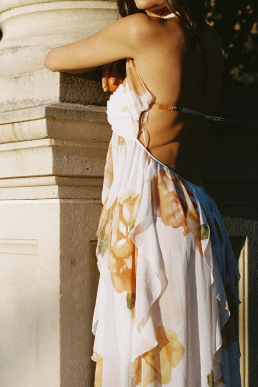 Strapless Floral Split Front Chiffon Maxi Dress