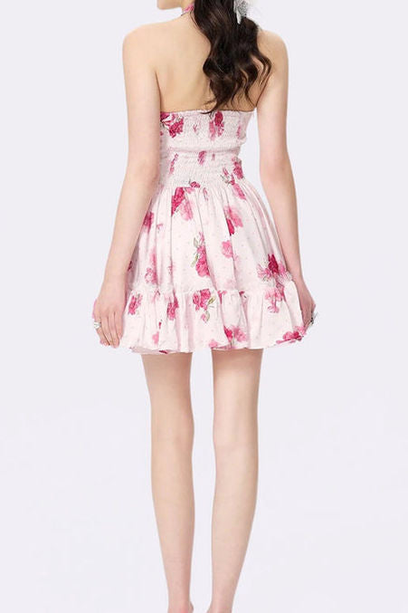 Floral Halter Tiered Ruffle Mini Dress