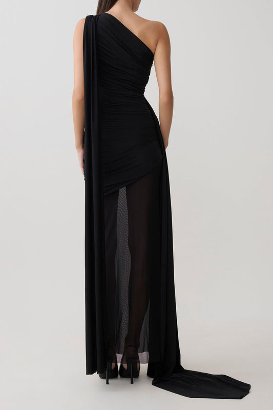 One Shoulder Ruched Mesh Maxi Dress