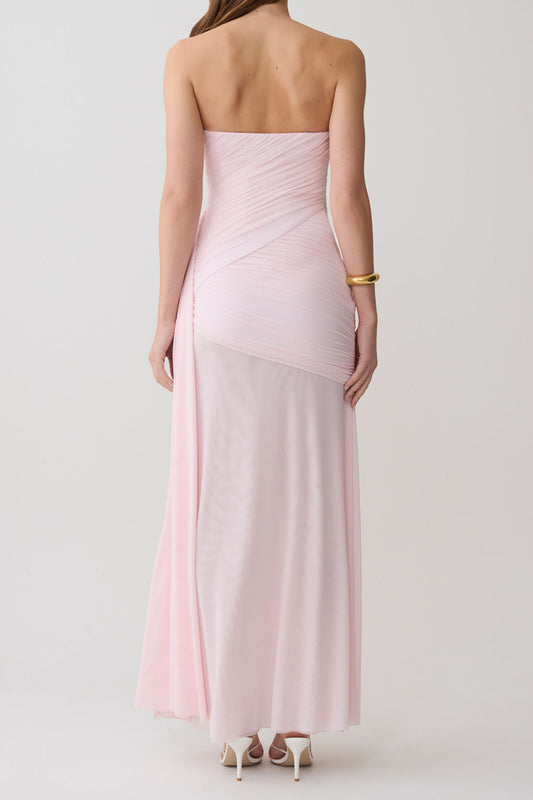 Strapless Ruched Mesh Draped Maxi Dress