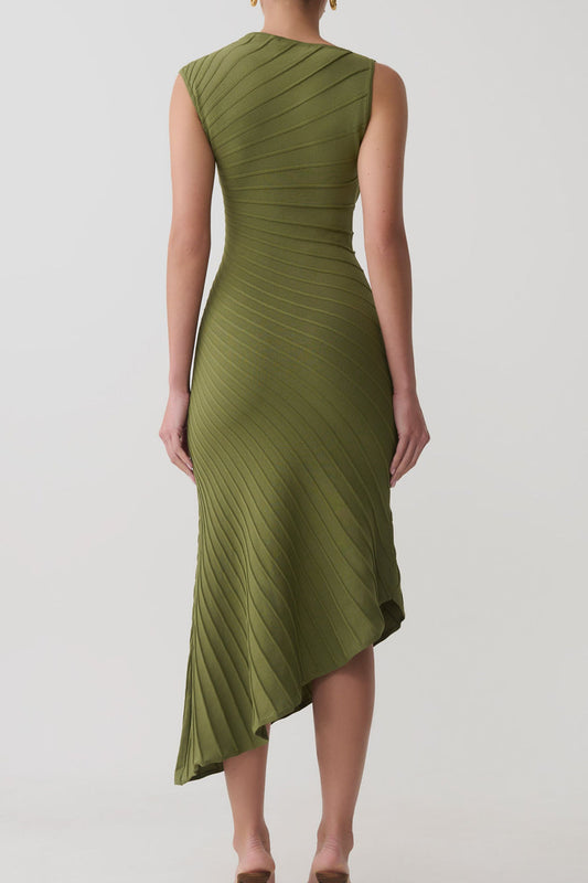 High Neck Pleated Knit Midi Dress