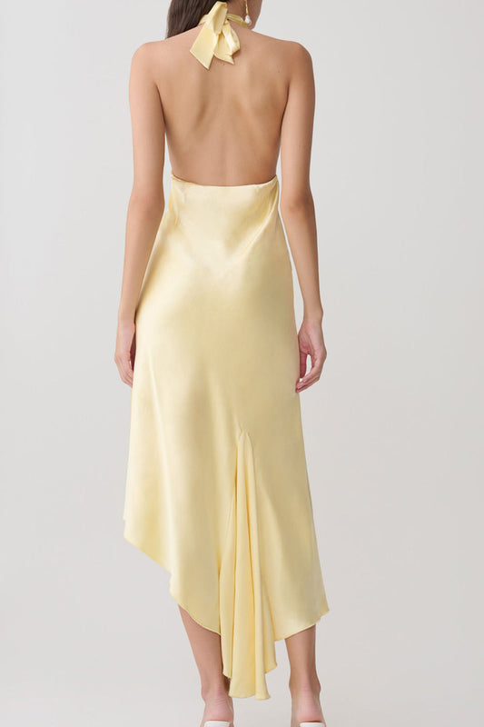 Plunging Halter Asymmetric Satin Midi Dress