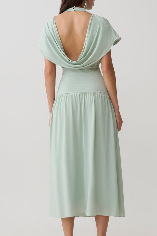 High Neck Cowl Back Midi Dress
