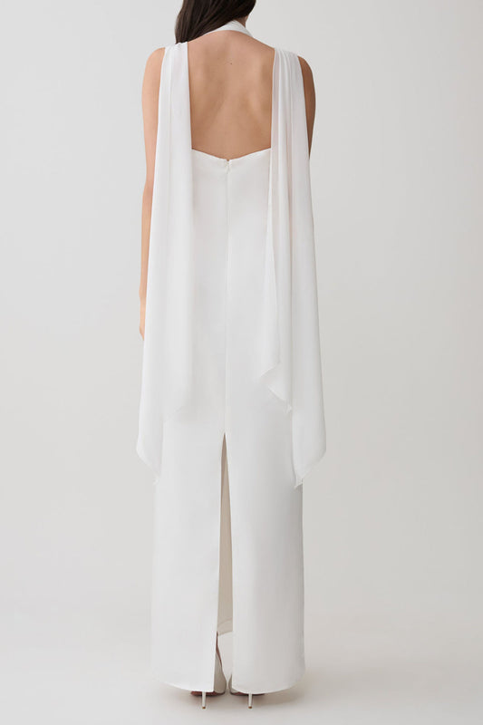 Draped Shoulder Plunging Satin Maxi Dress