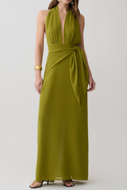 Plunging Halter Ruched Satin Maxi Dress