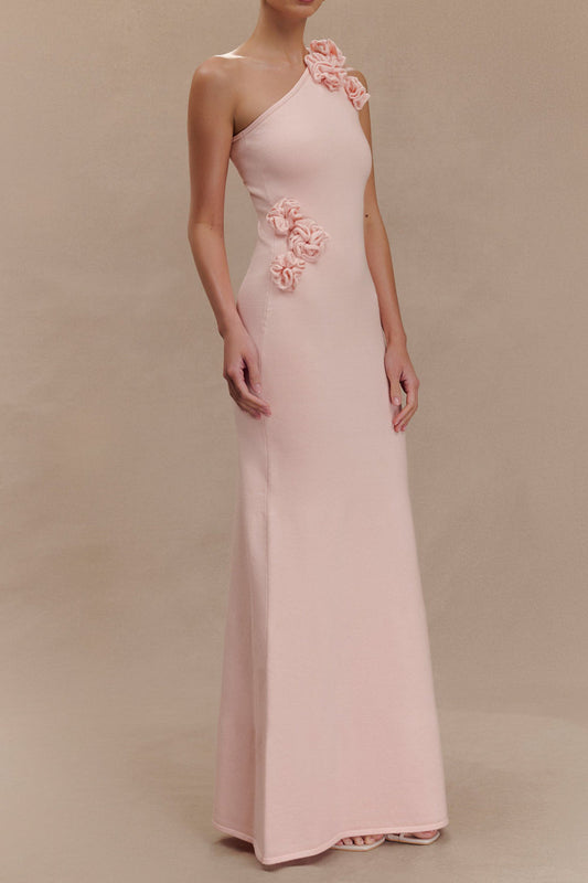 One Shoulder Floral Applique Knit Maxi Dress