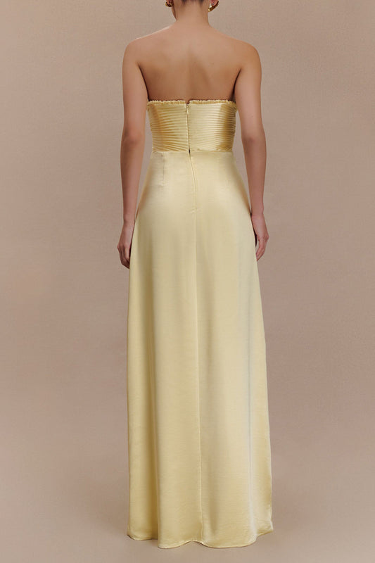 Strapless Gathered Bust Slit Maxi Dress
