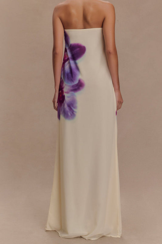 Strapless Orchid Print Chiffon Maxi Dress