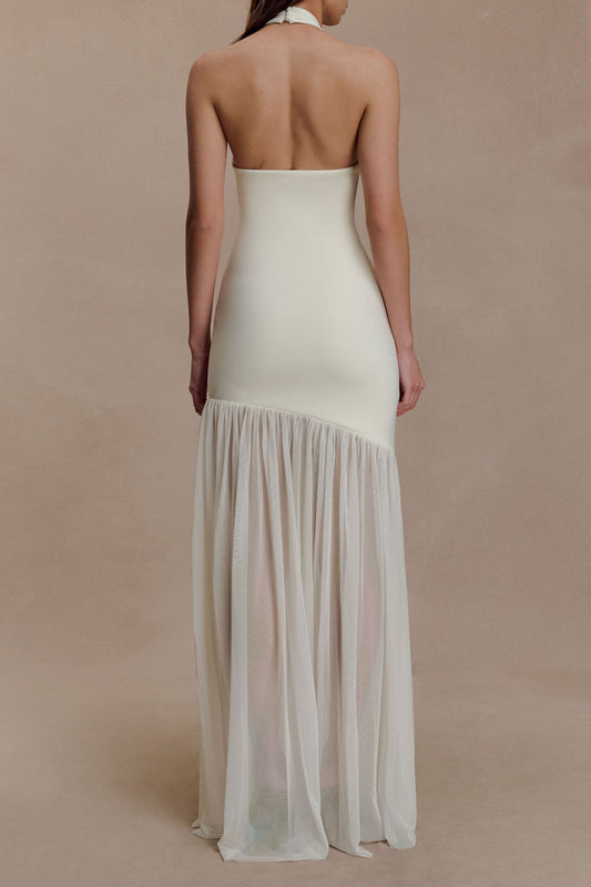 Halter Cutout Mesh Panel Maxi Dress