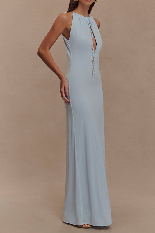 Pearl Embellished Keyhole Halter Maxi Dress