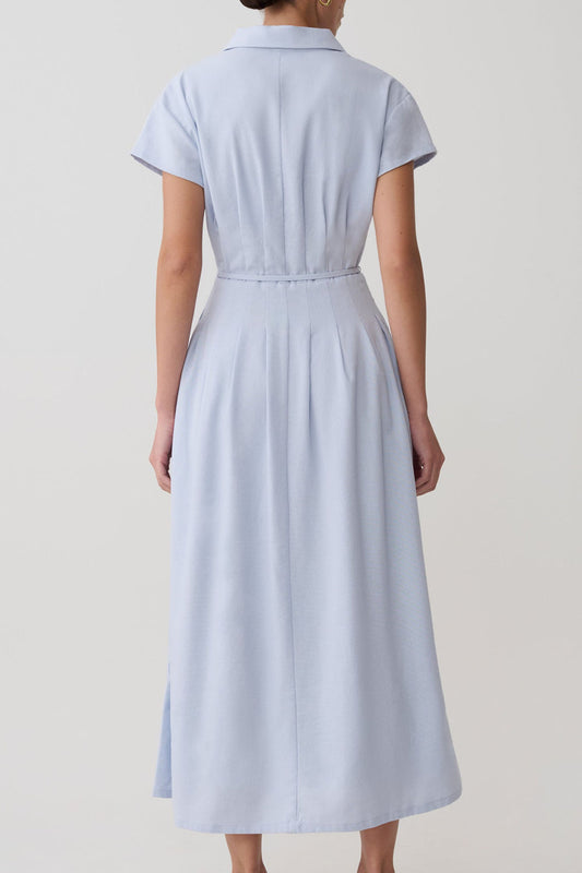 Short Sleeve Buttoned Linen Midi Dress