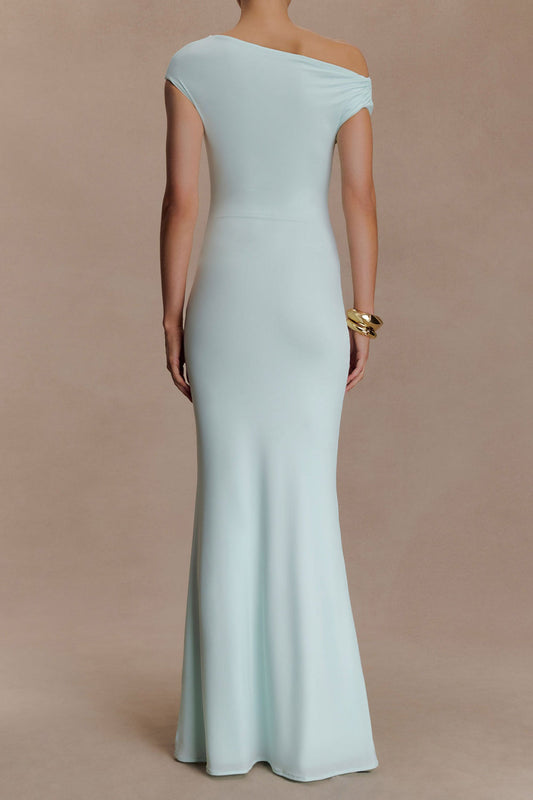 Asymmetric Hardware Shoulder Slinky Maxi Dress
