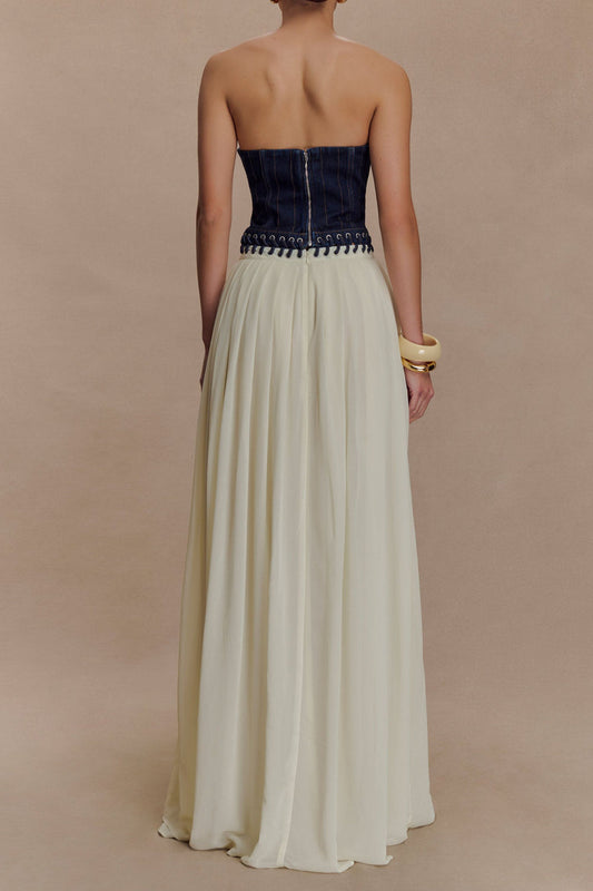 Strapless Denim Corset Chiffon Maxi Dress