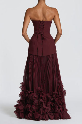 Strapless Corset Floral Pleated Maxi Gown