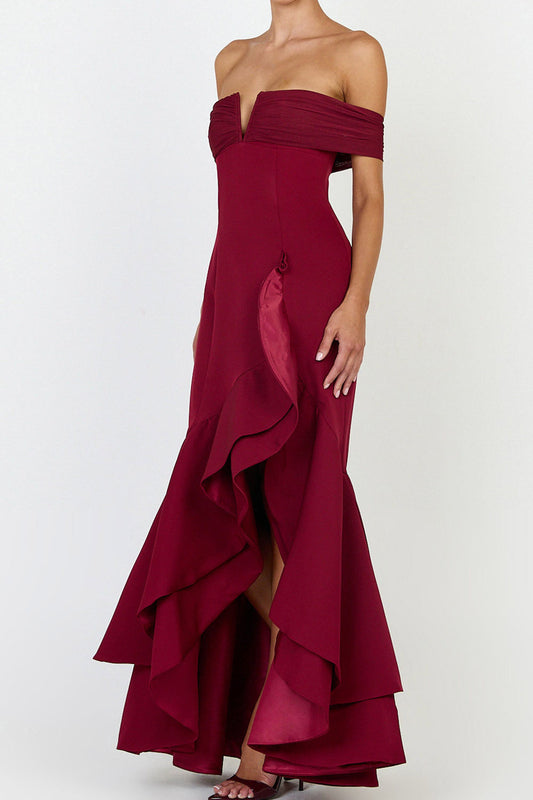 Off Shoulder Ruffle Slit Maxi Dress