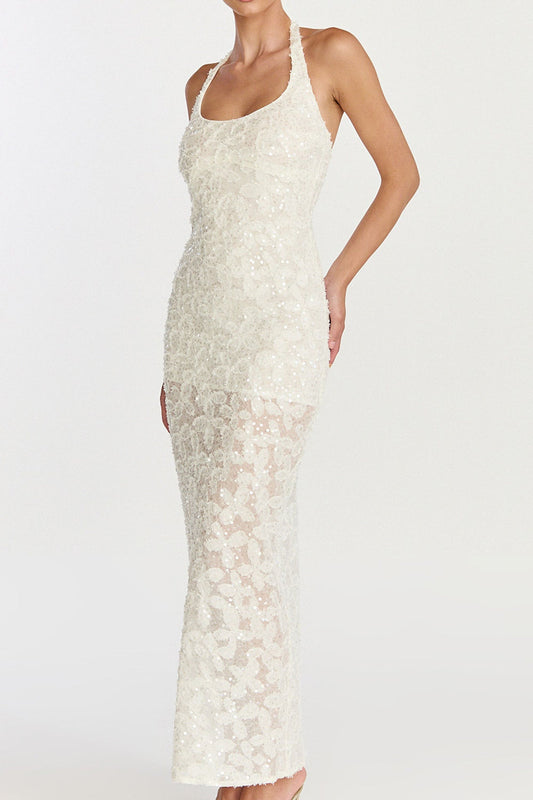 Sequin Lace Halter Sheer Maxi Dress