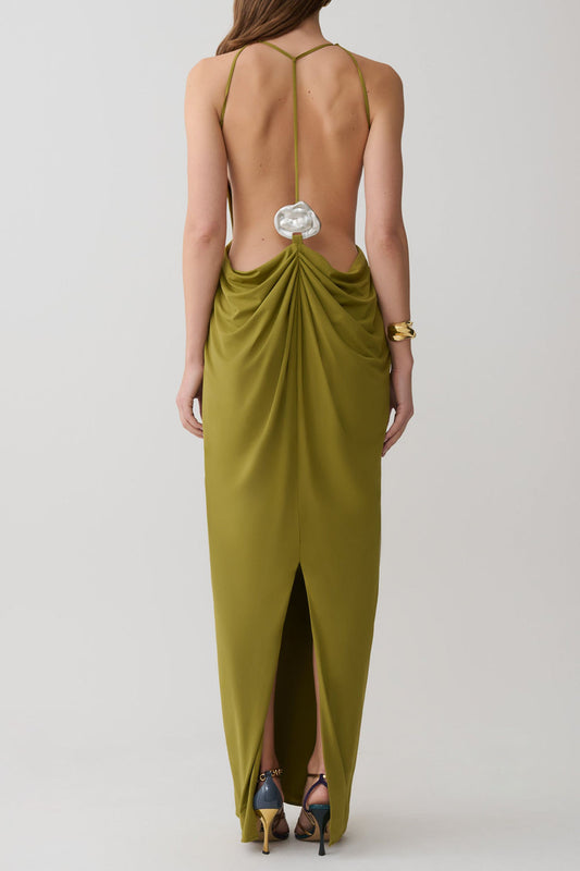Low Back Halter Hardware Maxi Dress