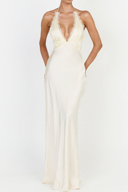 Lace Trim Halter Satin Maxi Dress
