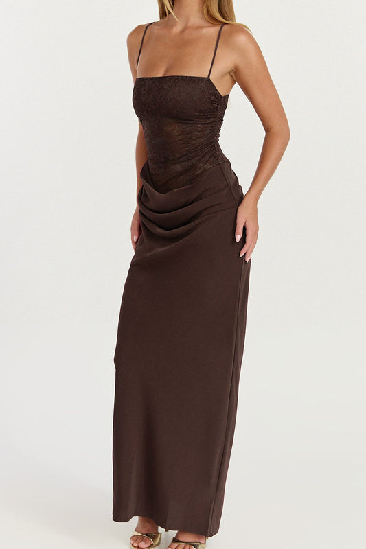 Lace Bodice Draped Satin Maxi Dress