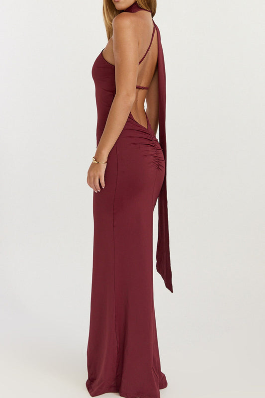Asymmetric Scarf Neck Open Back Maxi Dress