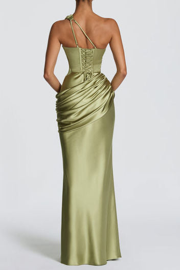 One Shoulder Cutout Draped Satin Maxi Dress
