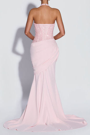 Sequin Halter Draped Mermaid Maxi Gown