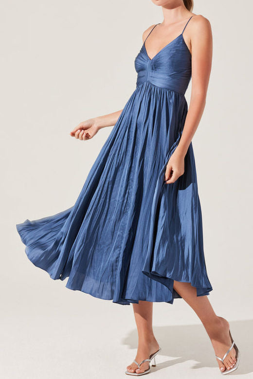 Ruched Bust Pleated Satin Midi Dress