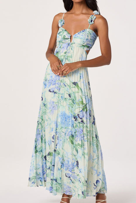 Floral Applique Pleated Chiffon Maxi Dress