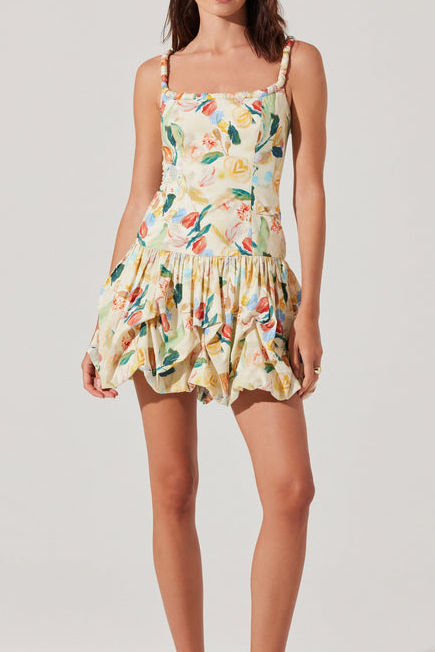 Printed Drop Waist Bubble Mini Dress
