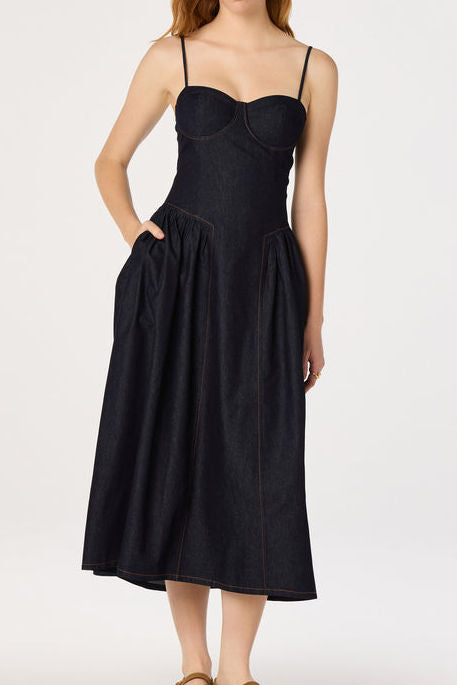 Sweetheart Bustier Denim A-Line Midi Dress